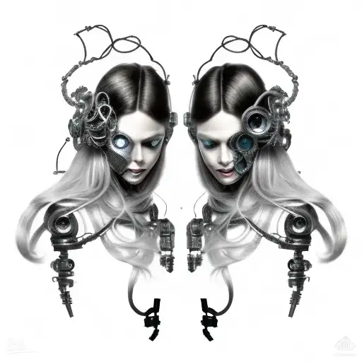 cyborg gemini sisters hair tangled together conjoined calm faces slight smile wide composition tattoo design idea