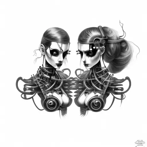 Goth Cyborg Gemini Sisters Conjoined Facing Each Other tattoo design idea