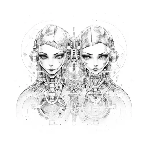 Cyborg Gemini Sisters Faces Conjoined Holding Hands tattoo design idea