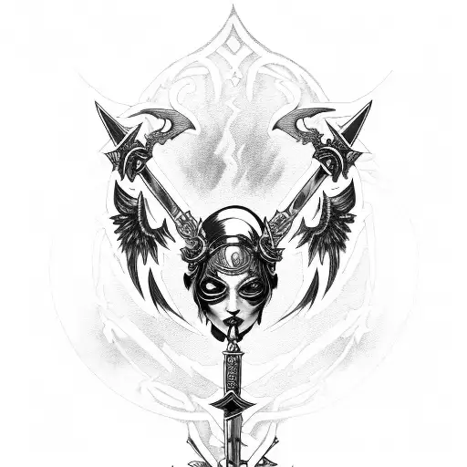 gothic cyborg gemini twin sisters conjoined into a valkyrie dagger at the bottom, around the neck wide collier tattoo design idea