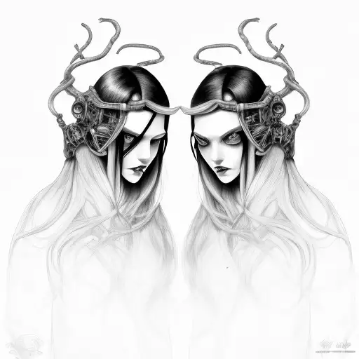 Goth Cyborg Gemini Sisters hair tangled together wide tattoo design idea