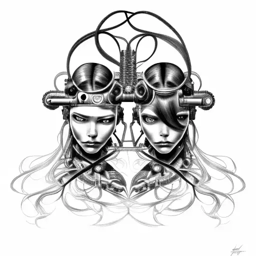 cyborg gemini sisters hair tangled together conjoined tattoo design idea