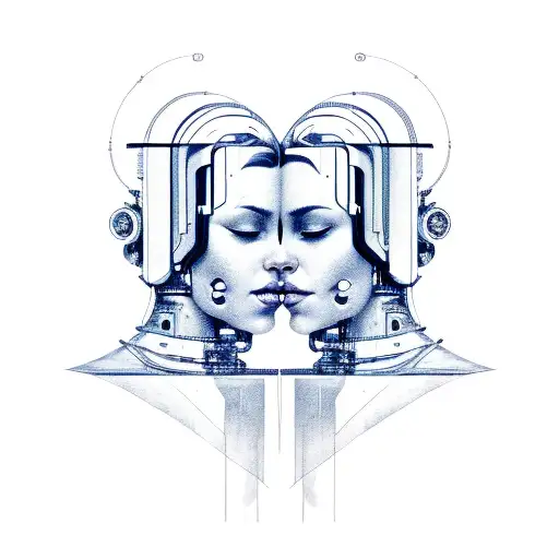 Cyborg Gemini Sisters Faces Conjoined Holding Hands tattoo design idea
