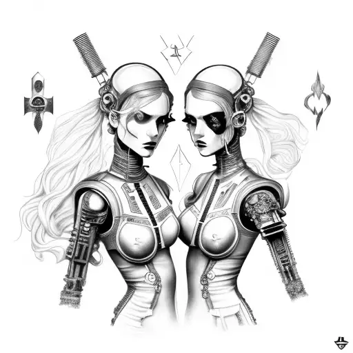 goth cyborg gemini sisters holding hands, with hair connecting together tattoo design idea
