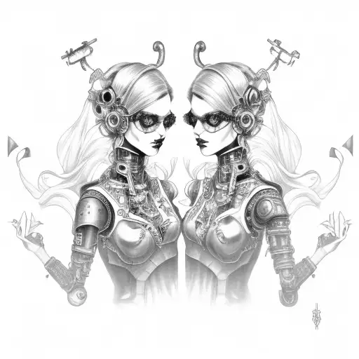 goth cyborg gemini sisters holding hands, with hair connecting together tattoo design idea