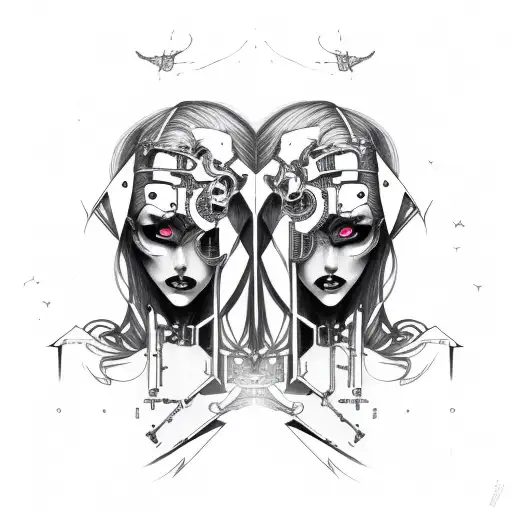goth cyborg gemini sisters facing each other, hair conjoined tattoo design idea