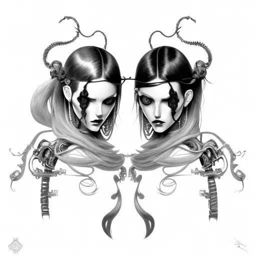 Goth Cyborg Gemini Sisters hair tangled together wide composition tattoo design idea