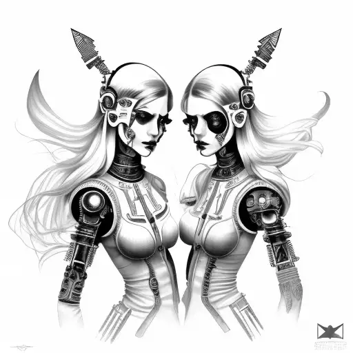 goth cyborg gemini sisters holding hands, with hair connecting together tattoo design idea