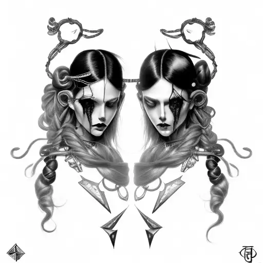 Goth Cyborg Gemini Sisters hair tangled together wide composition tattoo design idea