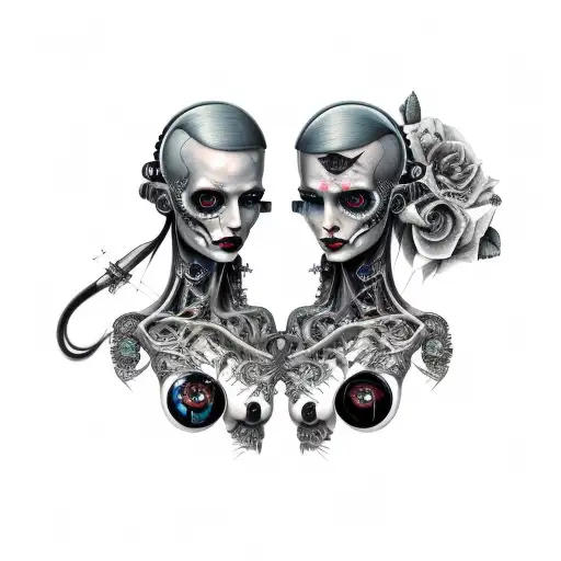 Goth Cyborg Gemini Sisters Conjoined Facing Each Other tattoo design idea