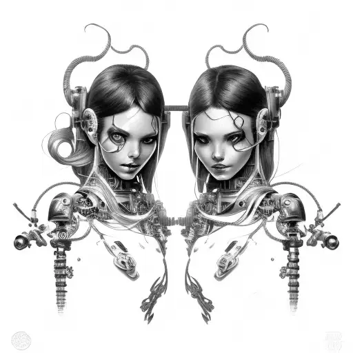cyborg gemini sisters hair tangled together conjoined mischievous smile wide composition tattoo design idea