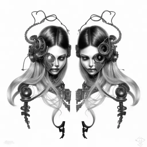cyborg gemini sisters hair tangled together conjoined mischievous smile wide composition tattoo design idea