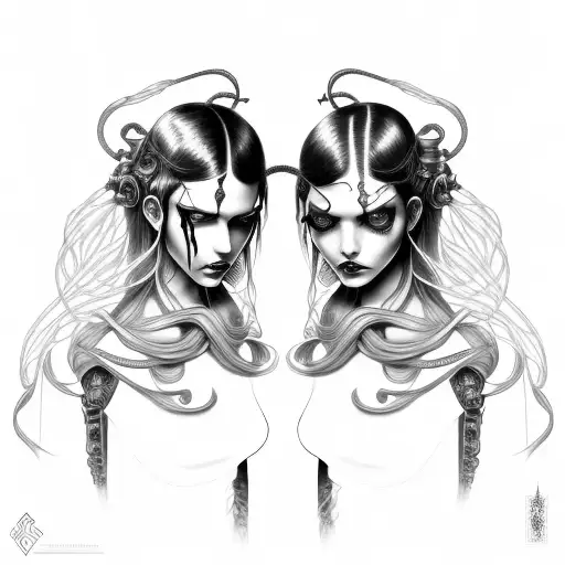 Goth Cyborg Gemini Sisters hair tangled together wide composition tattoo design idea