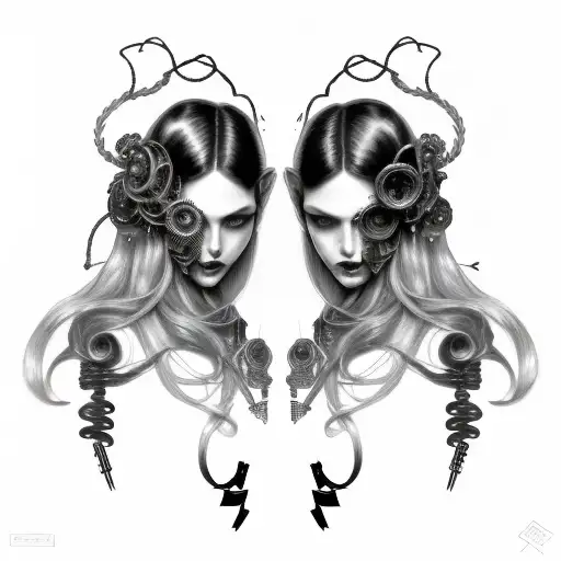Goth Cyborg Gemini Sisters hair tangled together wide composition tattoo design idea