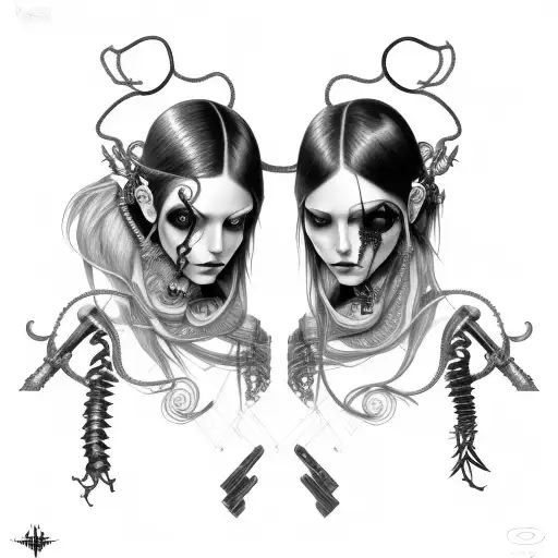 Goth Cyborg Gemini Sisters hair tangled together wide composition tattoo design idea