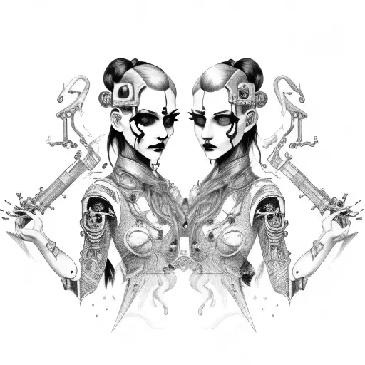 goth cyborg gemini sisters holding hands, with hair connecting together tattoo design idea