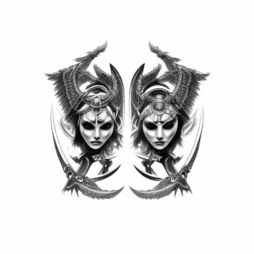 gothic gemini cyborg conjoined twin sisters valkyrie dagger at the bottom wide collier tattoo design idea