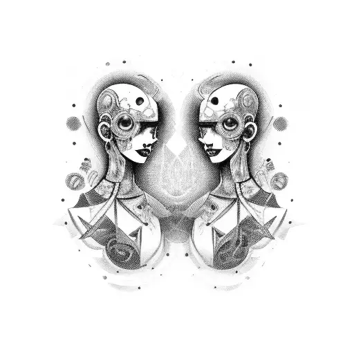 Goth Cyborg Gemini Sisters Conjoined Looking at Each Other tattoo design idea