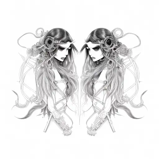Goth Cyborg Gemini Sisters hair tangled together wide tattoo design idea