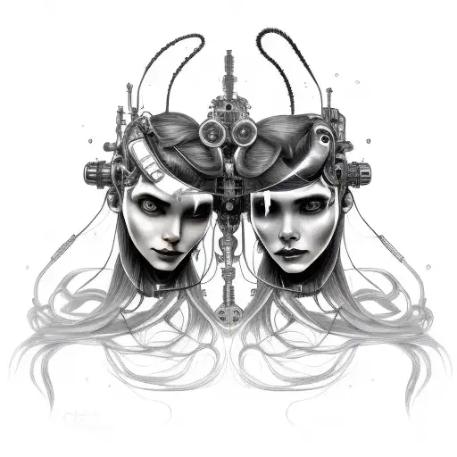 cyborg gemini sisters hair tangled together conjoined calm faces mysterious smile tattoo design idea