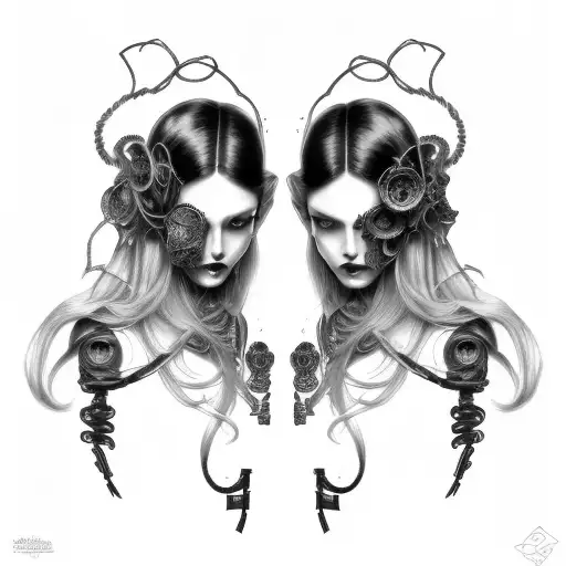 Goth Cyborg Gemini Sisters hair tangled together wide composition tattoo design idea