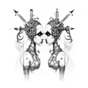 goth cyborg gemini sisters facing each other, hair conjoined tattoo design idea