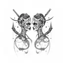 goth cyborg gemini sisters facing each other, hair conjoined tattoo design idea