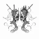 goth cyborg gemini sisters facing each other, hair conjoined tattoo design idea