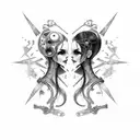 goth cyborg gemini sisters facing each other, hair conjoined tattoo design idea