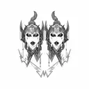 gothic gemini cyborg twin sisters wide collier neckpiece tattoo, with valkyrie dagger at the bottom tattoo design idea