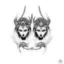 gothic gemini cyborg twin sisters wide collier neckpiece tattoo, with valkyrie dagger at the bottom tattoo design idea