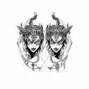 gothic gemini cyborg twin sisters wide collier neckpiece tattoo, with valkyrie dagger at the bottom tattoo design idea