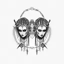 gothic gemini cyborg twin sisters wide collier neckpiece tattoo, with valkyrie dagger at the bottom tattoo design idea