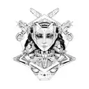 Cyborg Gemini Sisters Faces Conjoined Holding Hands tattoo design idea