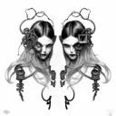 Goth Cyborg Gemini Sisters hair tangled together mischievous girly smile wide composition tattoo design idea