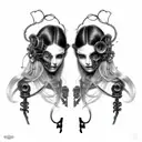 Goth Cyborg Gemini Sisters hair tangled together mischievous girly smile wide composition tattoo design idea