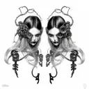 Goth Cyborg Gemini Sisters hair tangled together mischievous girly smile wide composition tattoo design idea