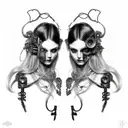Goth Cyborg Gemini Sisters hair tangled together mischievous girly smile wide composition tattoo design idea