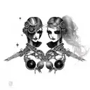 Goth Cyborg Gemini Sisters Conjoined Facing Each Other tattoo design idea