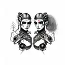 Goth Cyborg Gemini Sisters Conjoined Facing Each Other tattoo design idea