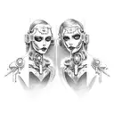 Cyborg Gemini Goth Sisters Faces Conjoined Holding Hands tattoo design idea