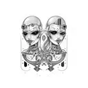 Cyborg Gemini Goth Sisters Faces Conjoined Holding Hands tattoo design idea