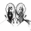 goth cyborg gemini sisters facing each other, with long waivy hair tattoo design idea