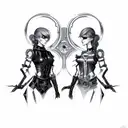 goth cyborg gemini sisters facing each other, with long waivy hair tattoo design idea