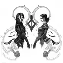 goth cyborg gemini sisters facing each other, with long waivy hair tattoo design idea