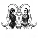 goth cyborg gemini sisters facing each other, with long waivy hair tattoo design idea