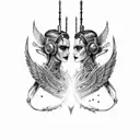 goth cyborg sci fi smiling gemini sisters with a winged dagger in the bottom tattoo design idea