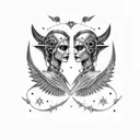 goth cyborg sci fi smiling gemini sisters with a winged dagger in the bottom tattoo design idea