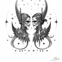 goth cyborg sci fi loving smiling gemini sisters with a winged dagger in the bottom tattoo design idea