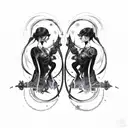 goth cyborg gemini sisters facing each other, long hair waves connecting tattoo design idea